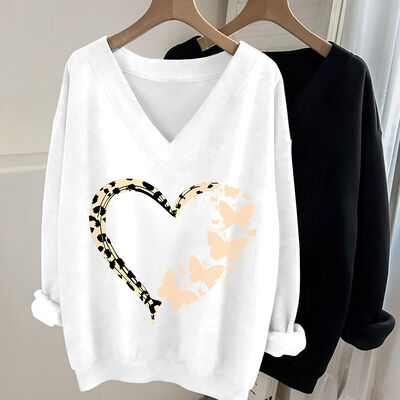 Women's Solid Color Relaxed Fit V-neck Hoodie Sweatshirt with Long Sleeve and Front Kangaroo Pocket