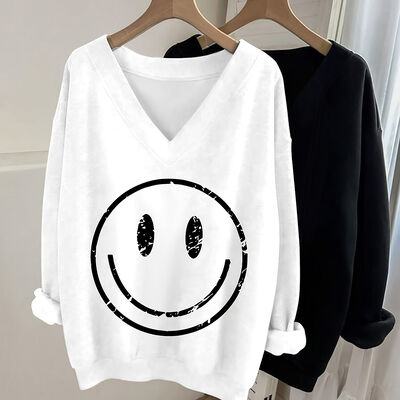 Women's V-neck Hoodie with Smiling Face Print in Cotton/Polyester Blend for Winter Warmth