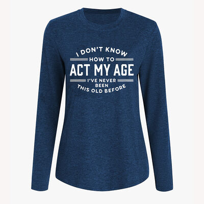 Round Neck Women Tops Personalized Letters Print Long Sleeves T Shirt In Dark Blue