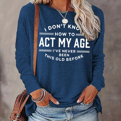 Round Neck Women Tops Personalized Letters Print Long Sleeves T Shirt In Dark Blue