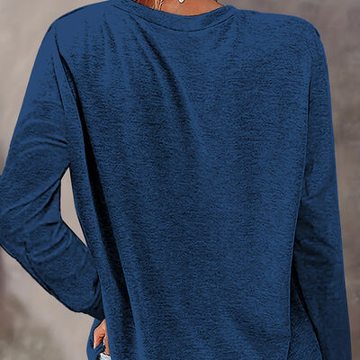 Round Neck Women Tops Personalized Letters Print Long Sleeves T Shirt In Dark Blue