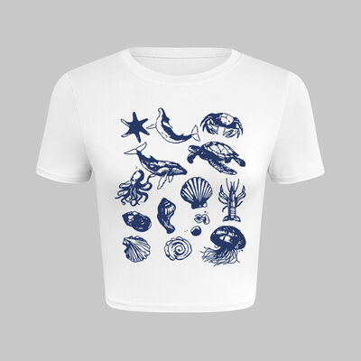Women's 100% Cotton T-shirt with Ocean Element Print in S/M/L/XL/XXL Sizes