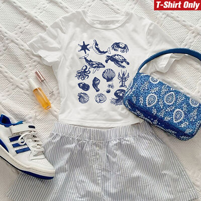 Women's 100% Cotton T-shirt with Ocean Element Print in S/M/L/XL/XXL Sizes