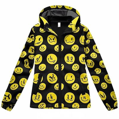 Women's V-neck Hoodie with Smiling Face Print in Cotton/Polyester Blend for Winter Warmth