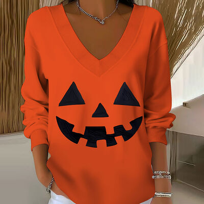 Halloween-style V-neck Fleece Sweatshirt with Unique Print and Regular Fit for Women