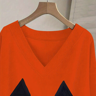 Halloween-style V-neck Fleece Sweatshirt with Unique Print and Regular Fit for Women
